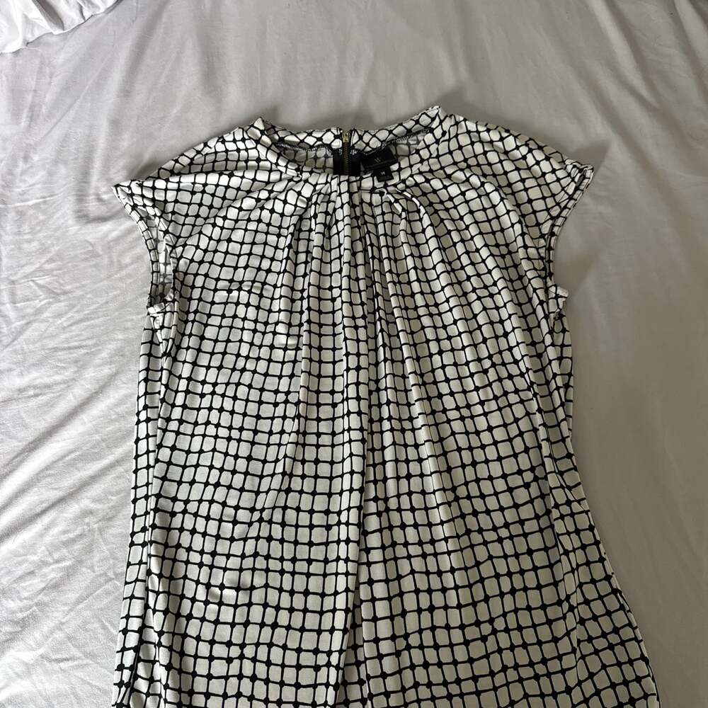 Worthington Black and White Grid Print Pleated Neckline Cap Sleeve Blouse